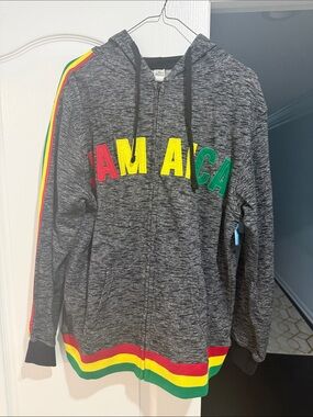 Gray Zip-Up Hoodie with Red, Yellow & Green Accents JAMAICA